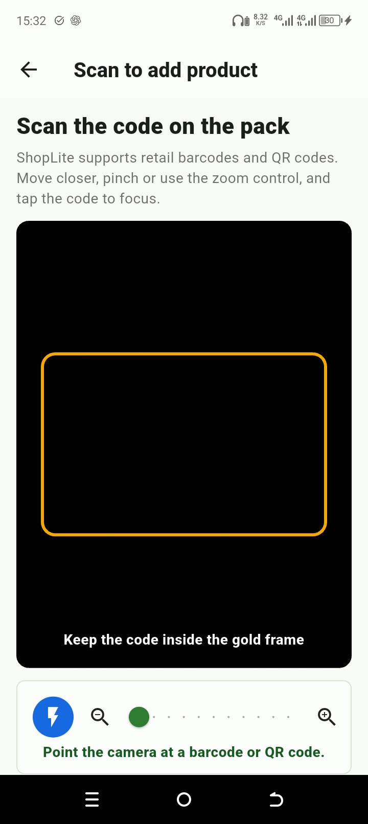 ShopLite Scan to add product camera with zoom and torch controls