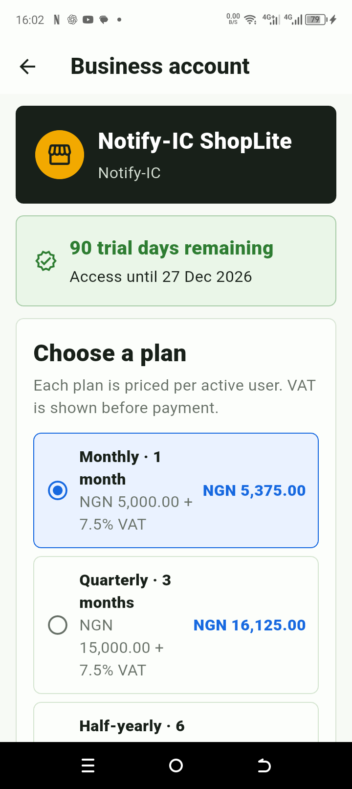Build 24 ShopLite subscription screen showing 90 trial days remaining and plan prices